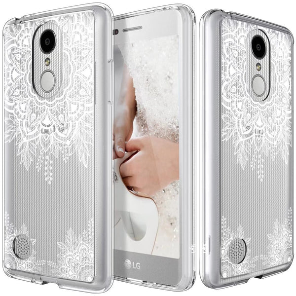 LG Aristo / LG Phoenix 3 / LG K8 2017 / LG Fortune / LG Risio / LG Rebel 2 LTE Case, Shock Absorbing White Henna Floral Lace Clear Design Printed Air Hybrid with TPU Bumper Protective Case Cover