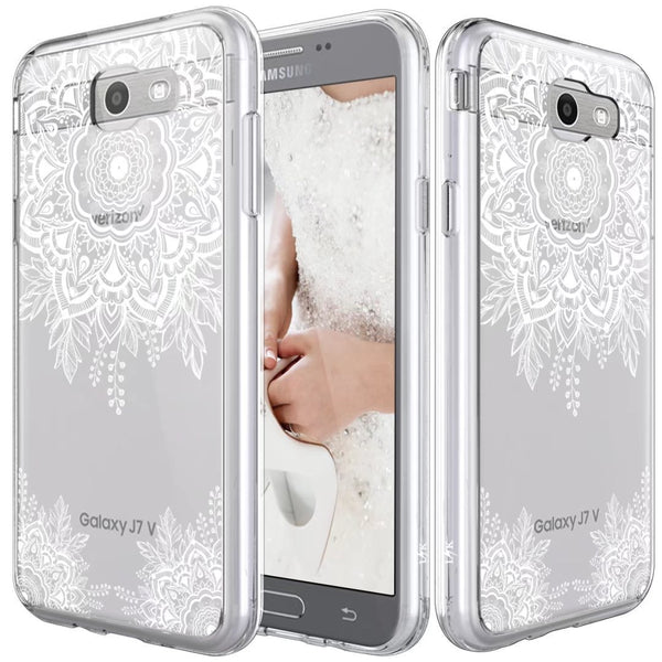 Samsung Galaxy J7 V / J7 2017 / J7 Prime / J7 Perx / J7 Sky Pro Case, Shock Absorbing White Henna Mandala Floral Lace Clear Design Printed Air Hybrid with TPU Bumper Protective Case Cover