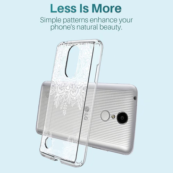 LG Aristo / LG Phoenix 3 / LG K8 2017 / LG Fortune / LG Risio / LG Rebel 2 LTE Case, Shock Absorbing White Henna Floral Lace Clear Design Printed Air Hybrid with TPU Bumper Protective Case Cover