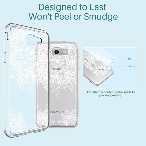 Samsung Galaxy J7 V / J7 2017 / J7 Prime / J7 Perx / J7 Sky Pro Case, Shock Absorbing White Henna Mandala Floral Lace Clear Design Printed Air Hybrid with TPU Bumper Protective Case Cover