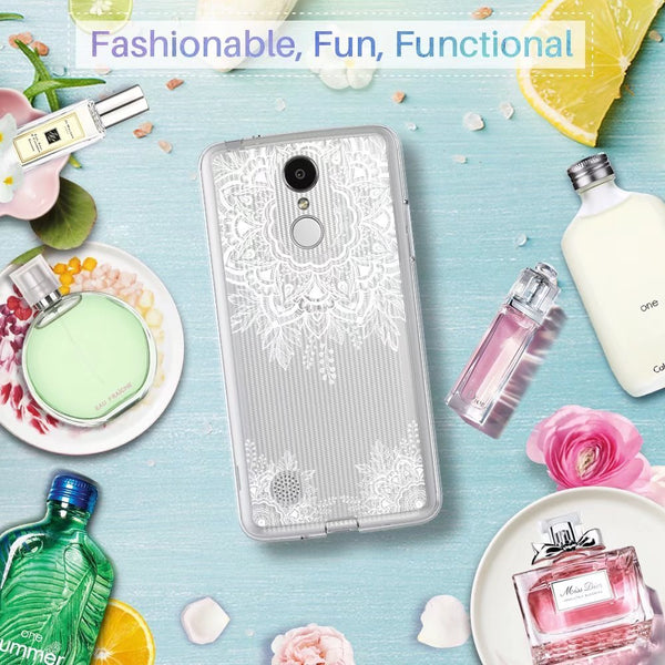 LG Aristo / LG Phoenix 3 / LG K8 2017 / LG Fortune / LG Risio / LG Rebel 2 LTE Case, Shock Absorbing White Henna Floral Lace Clear Design Printed Air Hybrid with TPU Bumper Protective Case Cover