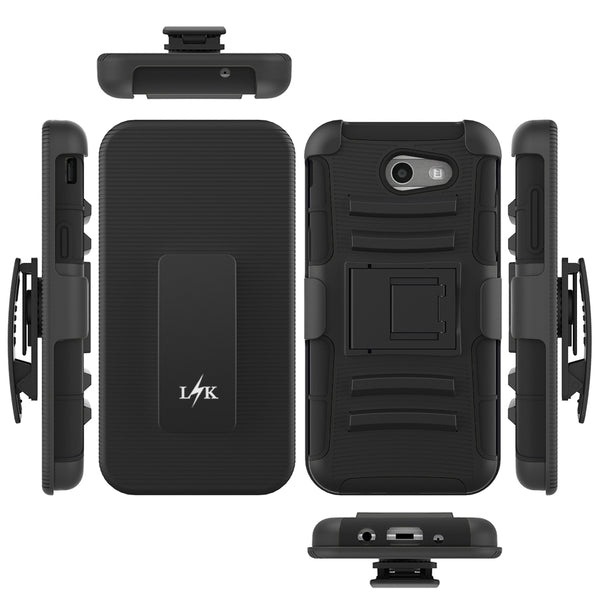 Samsung Galaxy J3 Emerge / J3 2017 / J3 Prime / J3 Mission / J3 Eclipse / J3 Luna Pro / Sol 2 / Amp Prime 2 / Express Prime 2 Case, LK Black Armor Holster Defender Protective Hybrid Case Cover