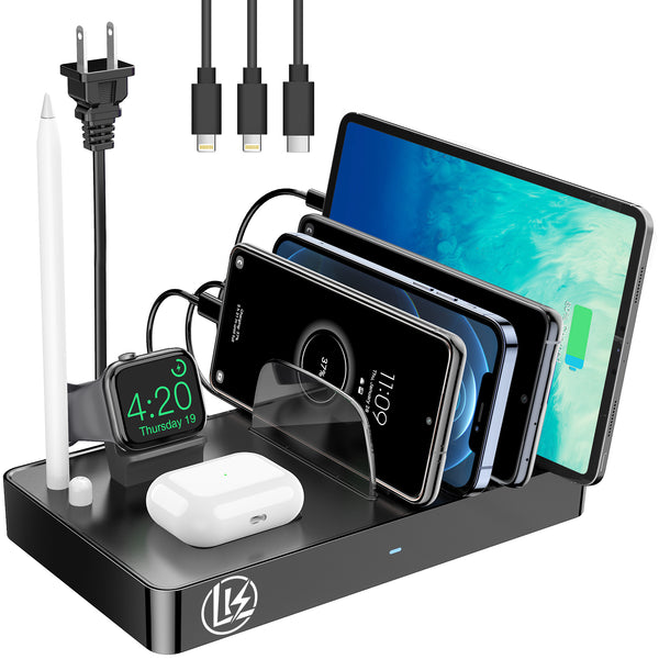 LK Charging Station for Multiple Devices, 40W 4 Ports Charging Station with 3 Cables, 7 in 1 USB Desktop Charger Station Compatible with Smartphones Accessories iPad iWatch AirPods Tablets and More