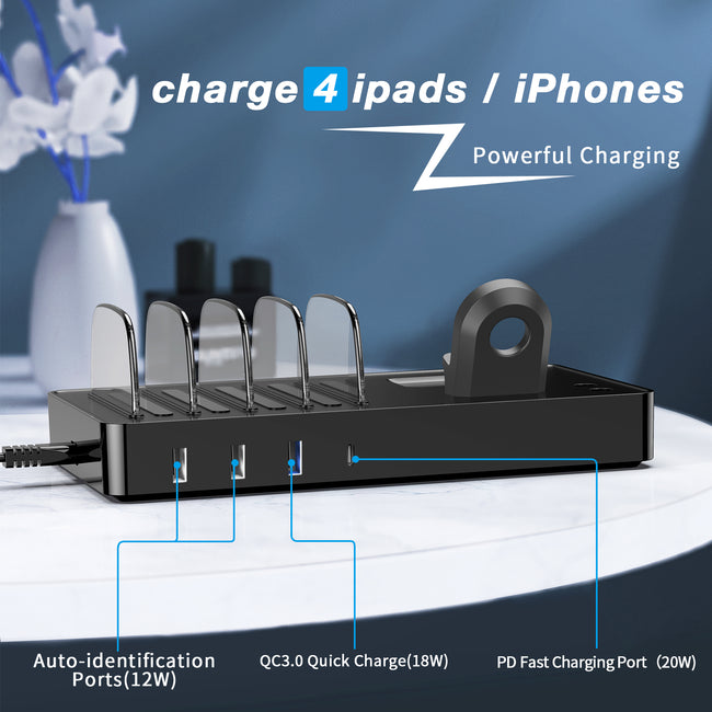 LK Charging Station for Multiple Devices, 40W 4 Ports Charging Station with 3 Cables, 7 in 1 USB Desktop Charger Station Compatible with Smartphones Accessories iPad iWatch AirPods Tablets and More