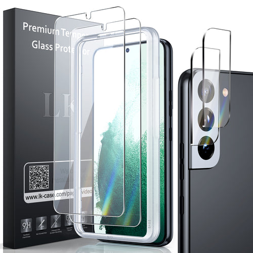 [2+2 Pack] LK 2 Pack Samsung Galaxy S22 5G Screen Protector & 2 Pack Galaxy S22 Camera Lens Protector with Alignment Frame, 9H Tempered Glass, HD, Anti-Shatter, Bubble-Proof, Case-Friendly, 6.1-Inch