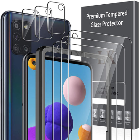 LK 2 Pack Screen Protector & 2 Pack Lens Protector Compatible With Samsung Galaxy S21 FE 5G, Tempered Glass, Anti-Scratch, Ultra-Thin, Support Fingerprint Reader, S21 FE Alignment Frame Attached