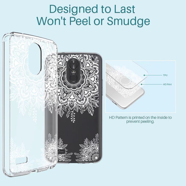 LG Stylo 3 Case, LG Stylo 3 Plus Case, Shock Absorbing White Henna Mandala Floral Lace Clear Design Printed Air Hybrid with TPU Bumper Protective Case Cover