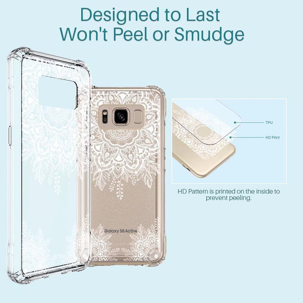 Galaxy S8 Active Case, LK Shock Absorbing White Henna Mandala Floral Lace Clear Design Printed Air Hybrid with TPU Bumper Protective Case Cover for Samsung Galaxy S8 Active