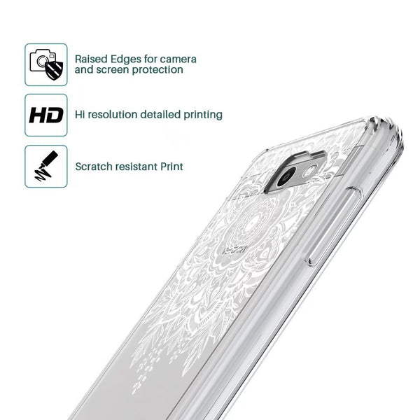 Samsung Galaxy J7 V / J7 2017 / J7 Prime / J7 Perx / J7 Sky Pro Case, Shock Absorbing White Henna Mandala Floral Lace Clear Design Printed Air Hybrid with TPU Bumper Protective Case Cover