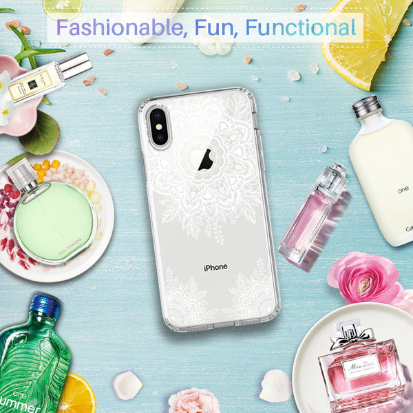 iPhone X Case, [Shock Absorbing] White Henna Mandala Floral Lace Clear Design Printed Air Hybrid with TPU Bumper Protective Case Cover for Apple iPhone X