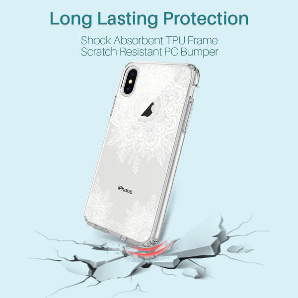 iPhone X Case, [Shock Absorbing] White Henna Mandala Floral Lace Clear Design Printed Air Hybrid with TPU Bumper Protective Case Cover for Apple iPhone X