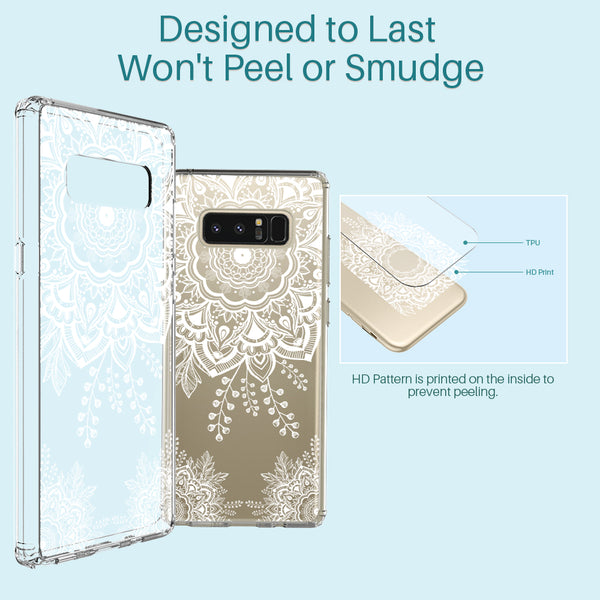 Galaxy Note 8 Case, LK [Shock Absorbing] White Henna Mandala Floral Lace Clear Design Printed Air Hybrid with TPU Bumper Protective Case Cover for Samsung Galaxy Note 8
