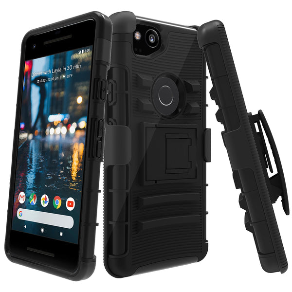 Google Pixel 2 Case, LK [Heavy Duty] Black Armor Holster Defender Full Body Protective Hybrid Cases Cover with Kickstand & Belt Clip
