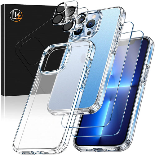 LK for iPhone 13 Pro Case, [Military Shockproof Protection] [Anti-Yellowing] + 2 Tempered Glass Screen Protectors & 2 Camera Protectors, Hard Back and Soft TPU Bumper