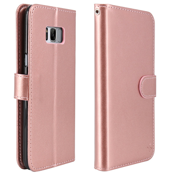Galaxy S8 Case with Wrist Strap Luxury PU Leather Wallet Flip Protective Case Cover with Card Slots and Stand