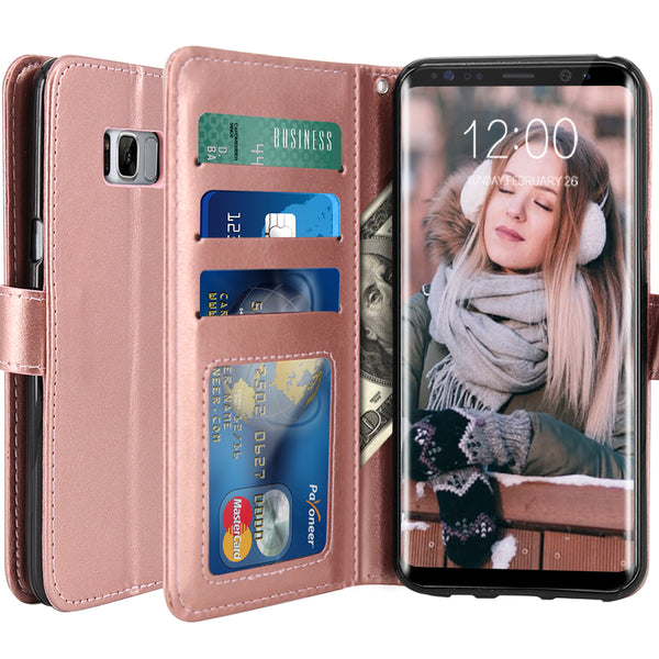 Galaxy S8 Plus Case with Wrist Strap Luxury PU Leather Wallet Flip Protective Case Cover with Card Slots and Stand