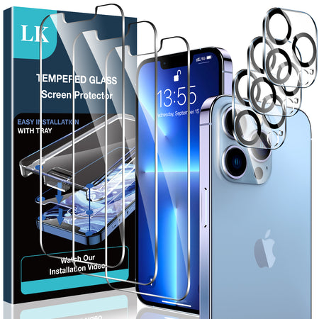 LK【3+3】 Stücke Schutzfolie Kompatibel mit iPhone 13 Pro Max (6.7), 3 Schutzfolie und 3 Kamera glas,9H Härte folie, HDKlar Displayschutz,mit Rahmen-Installationshilfe